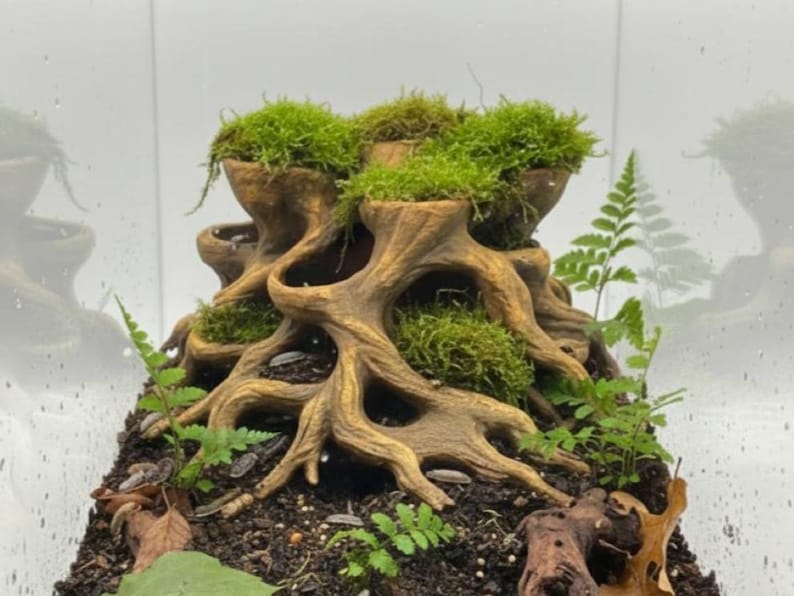 May include: A terrarium centerpiece featuring a multi-tiered, tree-like structure made of brown material. The structure holds vibrant green moss and is surrounded by small plants and soil, creating a miniature ecosystem.