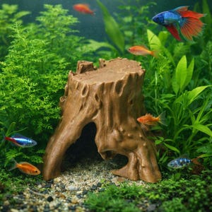 Tree Stump Aquarium Cave – Natural Driftwood Look Hideout | Forest Aquascape Decor | Aquarium Ornament