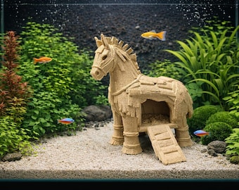 Grotte d'aquarium Cheval de Troie – Grande cachette pour poissons, décor rocheux de ruines antiques pour aquariums à cichlidés et communautaires