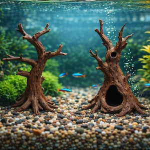 Puede incluir: Escena de acuario submarino con dos decoraciones en forma de árbol marrón. El acuario tiene un fondo de grava, plantas verdes y pequeños peces de colores. Las burbujas ascienden del árbol de la derecha.