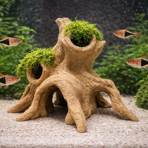 Peut inclure: Ornement décoratif d'aquarium en forme de tronc d'arbre, avec des ouvertures et de la mousse verte. Plusieurs petits poissons aux marques orange et noires nagent autour de l'ornement dans un aquarium.