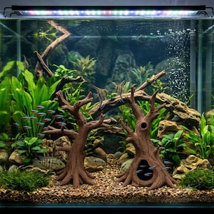 Op de afbeelding: Een rechthoekig glazen aquarium gevuld met water, voorzien van twee bruine boomstamdecoraties van hars, groene waterplanten en diverse kleine vissen. De bak bevat een grindbodem, rotsformaties en een LED-verlichtingsstrip aan de bovenzijde.