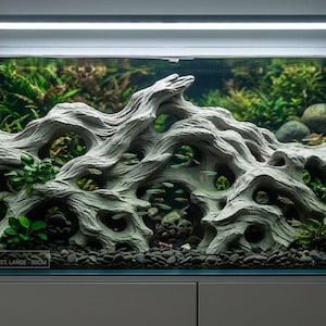 Puede incluir: Una gran estructura de roca kárstica erosionada de color gris claro para acuario, con agujeros intrincados y superficies texturizadas. La base está etiquetada AQUASCAPE MODEL: ERODED KARST, LARGE - 50CM. La estructura está rodeada de plantas acuáticas.