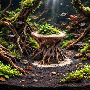 Peut inclure: Scène d'aquarium sous-marin avec une variété de poissons colorés nageant parmi des plantes vertes luxuriantes et du bois flotté. Une structure centrale unique contient un petit arrangement de plantes. L'aquarium a un substrat sombre et est bien éclairé.
