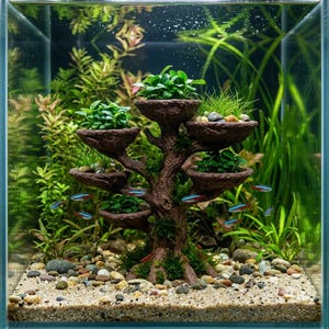 May include: A brown, tree-shaped aquarium ornament with multiple tiered, bowl-like platforms holding various green aquatic plants, situated in a glass tank with light-colored gravel, smooth stones, and several small neon tetra fish swimming.