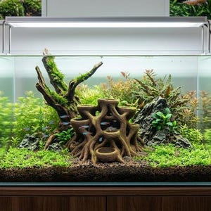 Op de afbeelding: Een rechthoekig glazen aquarium gevuld met water, met een centraal bruin wortelachtig harsornament, een groot stuk drijfhout bedekt met groen mos, donkergrijze rotsen, diverse groene waterplanten en kleine neon tetra vissen.
