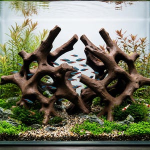Op de afbeelding: Een glazen aquarium met twee grote, bruine, vertakte drijfhoutstructuren, een school kleine neon tetra vissen met blauwe en rode strepen, groene waterplanten en een bodem van kleine steentjes en bemoste rotsen.