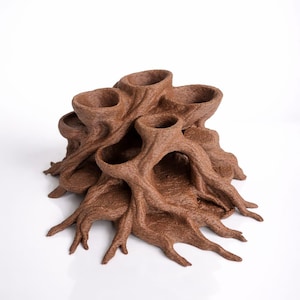 May include: A brown, abstract sculpture resembling a tree with multiple openings. The sculpture has a textured surface and a complex, organic form. The design features multiple cup-like openings and root-like structures extending outwards.