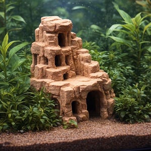 Könnte beinhalten: Eine detaillierte, braune Aquariumdekoration aus Kunstharz, die einer mehrstufigen Felsformation mit mehreren Öffnungen ähnelt. Die künstliche Felsstruktur ist von üppigen grünen Pflanzen umgeben und liegt auf einem Bett aus kleinen braunen Kieselsteinen.
