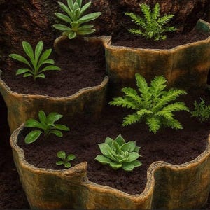 May include: A multi-level planter filled with dark soil and various green plants. The planter has a textured, earthy appearance, with a wavy edge. Several small succulents and ferns are visible, creating a miniature garden scene.
