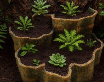 May include: A tiered, multi-level planter with a textured, weathered brown finish containing dark potting soil. Several small green succulents and ferns are planted across the different levels of the container, creating a layered botanical display.