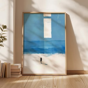 Blaues Meer Poster, Lonely Man Wandkunst, Meer Kunstwerk, Blau und Weiß Digital Art, Neues Haus Geschenk, Wohnkultur