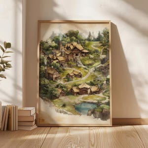 Póster de Hobbiton, arte mural de la aldea hobbit, descarga digital estilo El Señor de los Anillos, impresión de Hobbiton, regalo para casa nueva