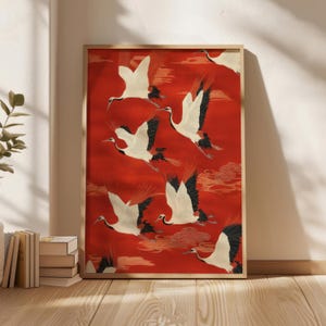 Impresión de grulla roja en vuelo, impresiones de aves vintage, pintura de grulla japonesa, arte mural japonés antiguo, arte maximalista, decoración de pared japandi