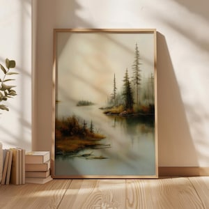 Ein nebliger Morgen auf dem kanadischen Schild Poster, Ölgemälde eines Sees in Alaska, realistischer Digitaldruck, digitale Kunst