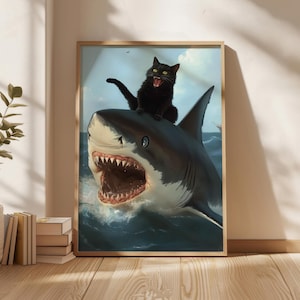 Pirate Cat Poster, Cat and Shark Wall Art , Storm Cat Digital Download , Cat Art Print ,New Home Gift