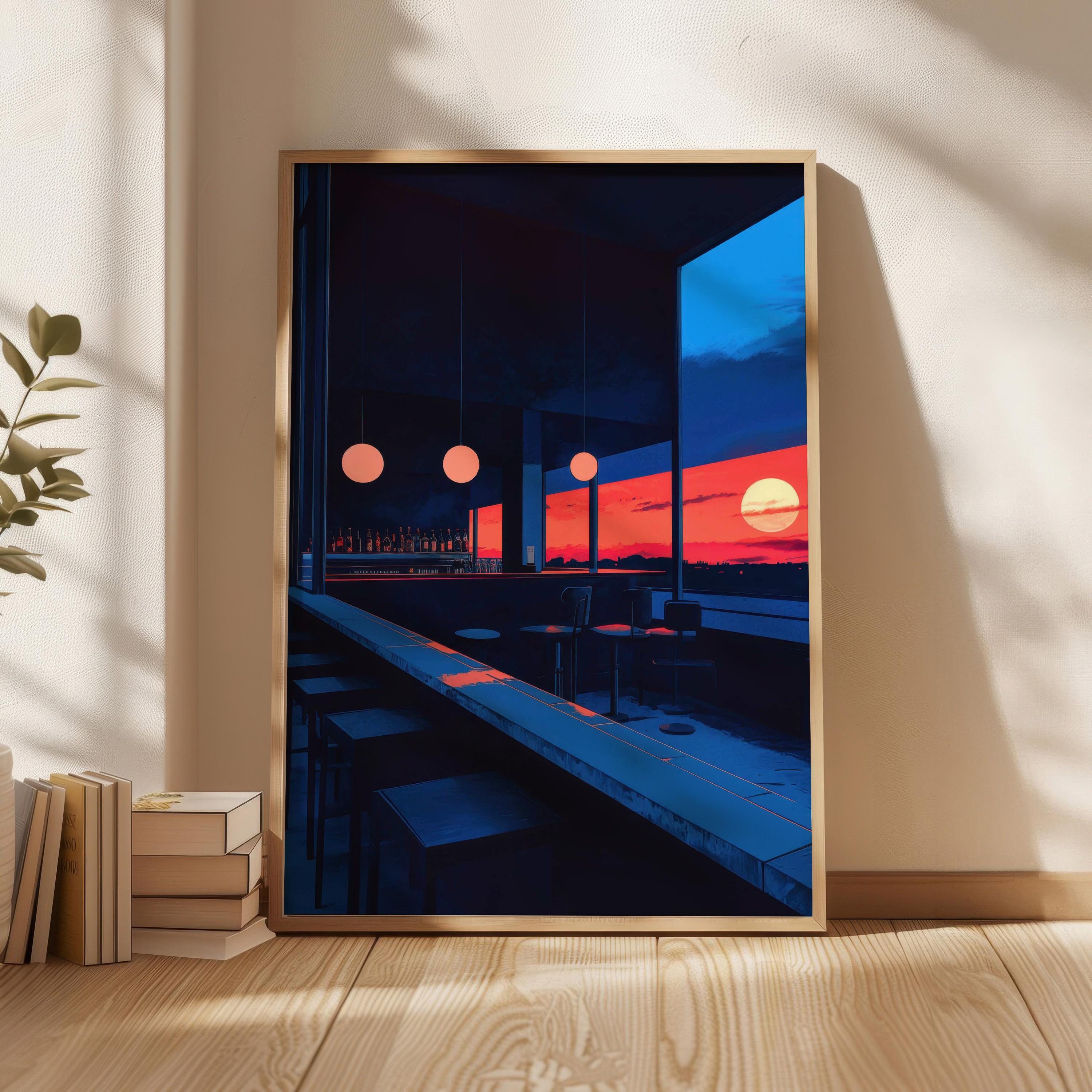 Hiroshi Nagai Style Sunset Bar Poster: Japandi Art Print (digital