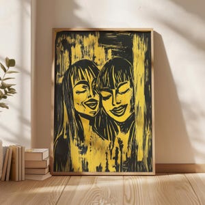 Holzschnitt eines lesbischen Paares Poster, lesbische Wandkunst, digitale Kunst Druck, digitaler Download, Dekoration, neues Zuhause Geschenk