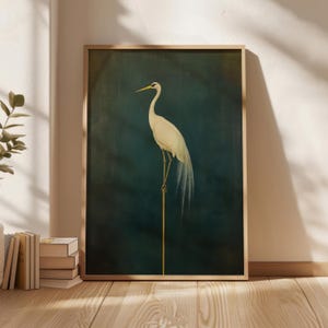 Crane Print, Vintage Bird Prints, Japanese Crane Painting, Antique Japanese Wall Art, Maximalist Art, Japandi Wall Decor, Green Decor