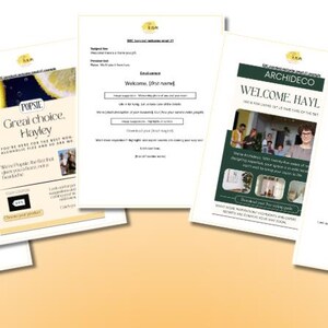 May include: Four different welcome cards with a green and white color scheme. The cards feature the text "Welcome [first name]" and "Great choice [first name]" along with a company logo and a welcome message.