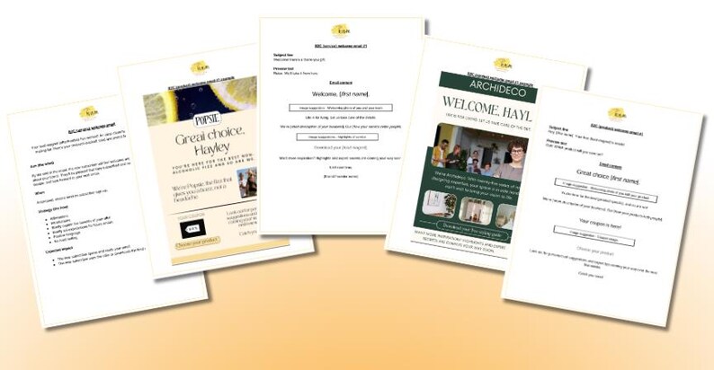 May include: Four different welcome cards with a green and white color scheme. The cards feature the text "Welcome [first name]" and "Great choice [first name]" along with a company logo and a welcome message.