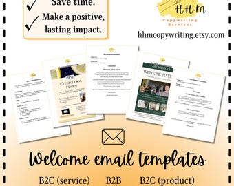 Plantillas de correo electrónico de bienvenida / B2B y B2C / Empresas de productos y servicios / Marketing por correo electrónico / Incluye estrategia de correo electrónico y ejemplos de Canva