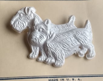 Celluloid Scottie Dog Vintage Brooch Pin Scottish White Estate Jewelry Bakelite Era Early Century Art Deco Signed Made in USA Original Card