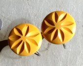 Bakelite Carved Earrings Sunflower Butterscotch Antique Art Deco Early Century Hand Carved Button SB Earrings 1920 39 s 1910 39 s Screw Backs