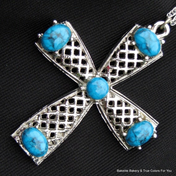 Cross Necklace Statement Turquoise Christian Cruc… - image 1