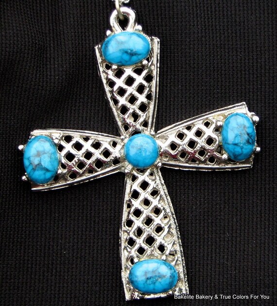 Cross Necklace Statement Turquoise Christian Cruc… - image 3