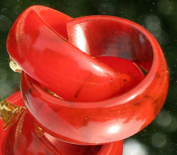 Bakelite Earrings Red Marbled Vintage Hoops Wide … - image 1
