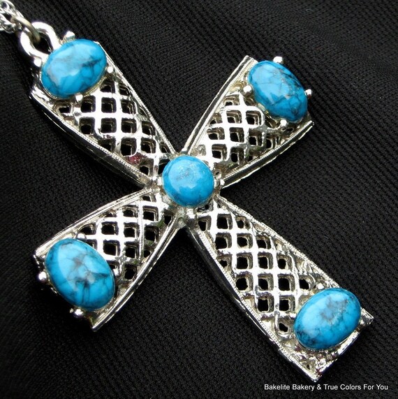 Cross Necklace Statement Turquoise Christian Cruc… - image 2