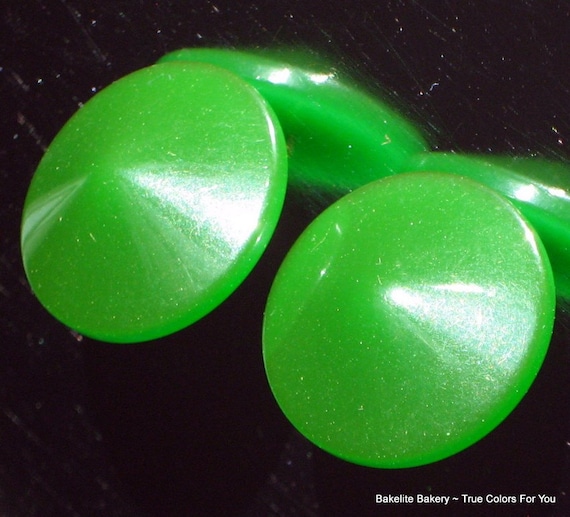 Bakelite Earrings Carved Green Statement Mid Cent… - image 1
