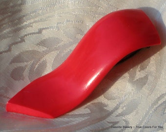 Celluloid Dress Clip Red Statement Bold Antique Hot Pink Wavy Art Deco Vintage Brooch Pin Early Century Bakelite Era 10s 20s Resin Washed