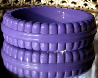 Statement Bracelet Purple Lucite Bangle Vintage Stacking Carved Bakelite Era Pop Art Signed Wide Chunky Sign Western Germany Violet Mad Men