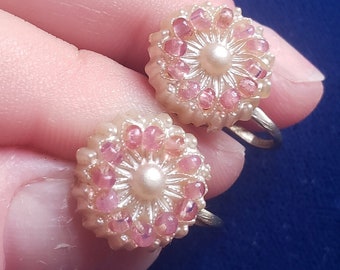 Floral Earrings Celluloid Pearl bakelite Era Pink Glass Seed Bead Antique Art Deco Early Century Button SB Earrings 20's 10's Screw Backs