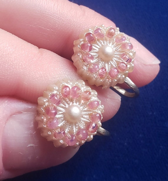 Floral Earrings Celluloid Pearl bakelite Era Pink 