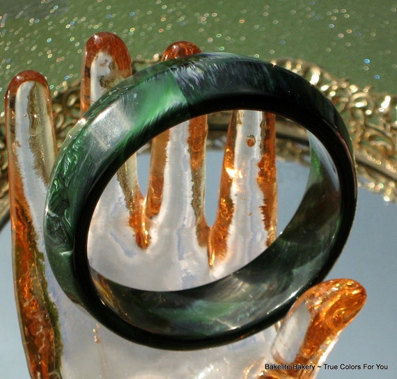 Statement Bangle Lucite Marbled Green Italy Large… - image 6