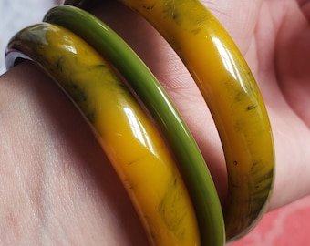 Tall Stack Bakelite Bracelets Stacking Vintage Sun Yellow Green Marbled Set Avocado Hefty w Spacer Art Deco Modernist End of Day Statement