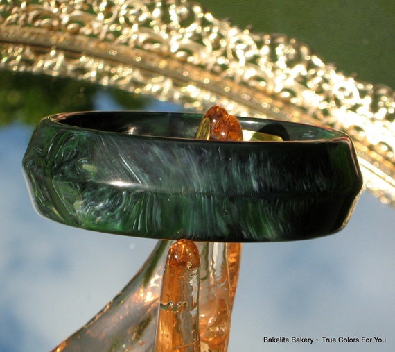 Statement Bangle Lucite Marbled Green Italy Large… - image 4