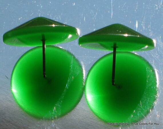 Bakelite Earrings Carved Green Statement Mid Cent… - image 3
