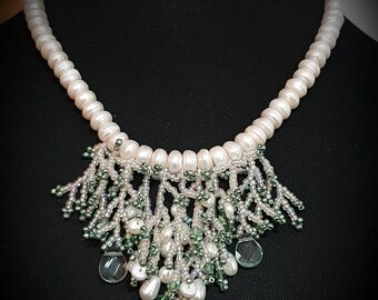 Pearl Rondelles / Aquamarine Necklace  16.5"