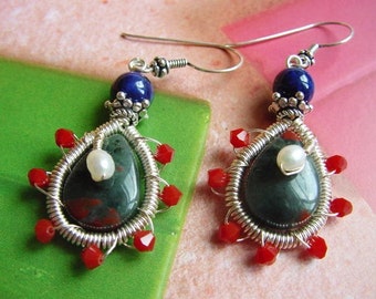 GSE187 - Bloodstone / Crystals Wire wrapped  Earrings