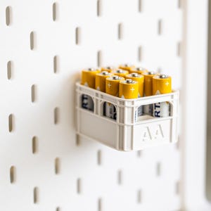 Op de afbeelding: Een witte plastic batterij-opbergcontainer met een rasterpatroon bevat een verzameling gele AA-batterien. De container is bevestigd aan een wit prikbord met een raster van gaten.