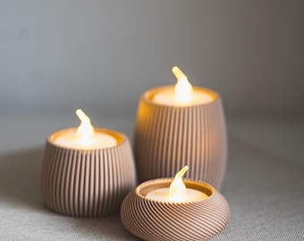 Teelicht Kerzenhalter – 3er Set 3D-gedruckt – Cozy & Minimalistisch – 25mm, 40mm, 60mm Höhe