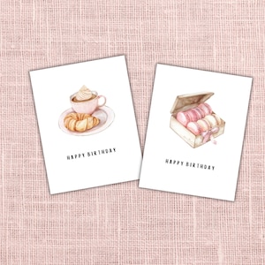 Cartões de aniversário para impressão inspirados na comida francesa, conjunto de 2 cartões Pink Coquette Instant Download Cartões de aniversário para imprimir em casa Pastry Macarons