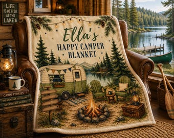 Manta personalizada "Happy Camper" com nome personalizado para crianças, manta vintage para camping, presente para acampamento em trailer, manta aconchegante para fogueira.