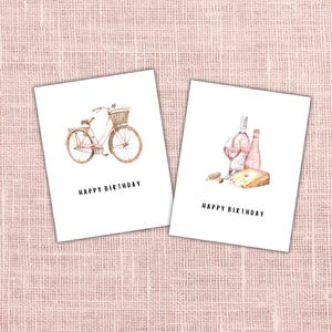Tarjetas de cumpleaños imprimibles, juego de dos, coqueta rosa acuarela, bicicleta de inspiración francesa, vino y queso, colores pastel suaves, digital
