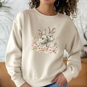Pink Spring Bunnies Sweatshirt Gift Sweater for Rabbit Lover Pastel Gift for Her Springtime Cute Bunnies Crewneck Nature Inspired Sweater