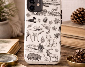 Coque de portable Animaux canadiens Nature Forêt Érable Orignal Ours Plongeon Montagnes Illustration noir et blanc Coque de portable iPhone Samsung